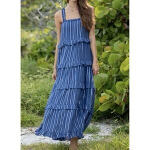 NWT Bindu Melita Navy Blue Metallic Stripe Cotton Maxi Dress